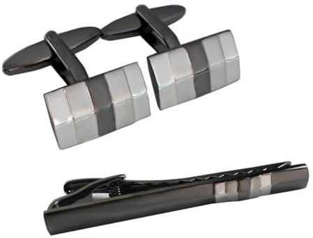 magdalena r. Set Manschettenknöpfe + Krawattennadel ca. 6,3 cm lang gunmetall silbern glänzend inkl. Geschenkboxen