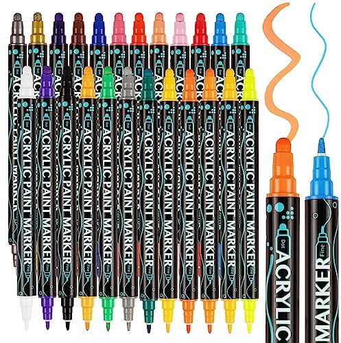 24 Colors Acrylic Paint Pen, Dual Tip Colouring Pens for Adults & Kids School Supplies, Non-Toxic, Waterproof, Permanent and Quick Dry for Colouring Books Clothes, Art Crafts Rock Glass Painting