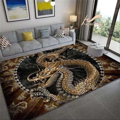 Cooiiye Teppich Wohnzimmer 80x120cm,Waschbarer Teppichs mit Rutschfester Rückseite – Modern Weich Drucken Teppich für Büro Esszimmer Kinderzimmer Dekor - Chinesischer Goldener Drache