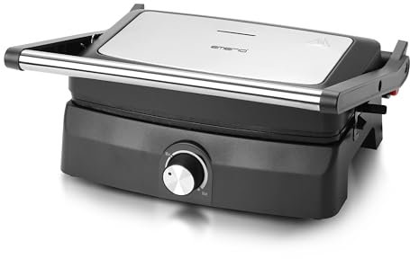EMERIO Kontaktgrill Panini Grill Sandwichmaker Tischgrill | Grillfläche 23x14,5cm | antihaftbeschichtet | 750W | fettarm grillen | 180° Öffnung | einstellbarer Thermostat | Edelstahl | CG-130861