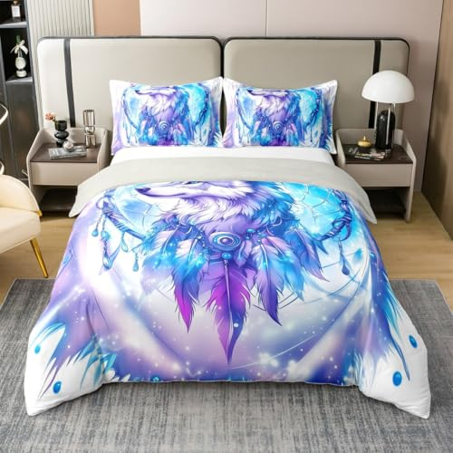 Homewish Wolf Baumwolle Bettwäsche Ombre Blau Lila Fantasy Traumfänger Bettbezug 135x200 für Jungen Mädchen Jugendliche,Ästhetisch Leuchtende Sterne Wildtiere Bettwäscheset Tierliebhaber Raumdekor