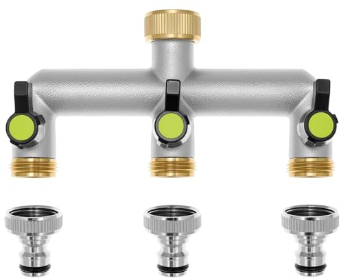 QWORK® Distributeur d'eau 3 voies pour robinet, répartiteur de tuyau de jardin connexion de 3/4 pouces, avec adaptateur et vanne à bille
