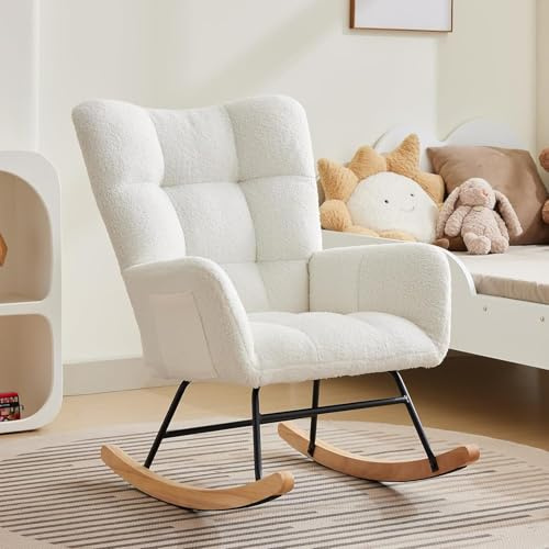 Salutmeuble Fauteuil à Bascule pour la nurserie, Fauteuil à Bascule de Salon pour l'allaitement, fauteuils rembourrés Confortables avec Dossier Haut, Fauteuil de Relaxation d'appoint, Beige