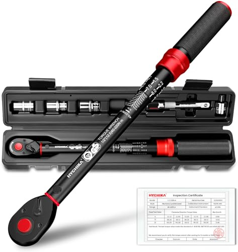 HYCHIKA Chiave Dinamometrica 1/2 40-220 Nm - Precisione ±2%, 72 Denti Doppio Senso, Sistema Click, con Adattatore 3/8, Prolunga e Bussole (17, 19, 21mm).