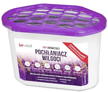 Invest Luftentfeuchter inkl. 230g Nachfüllpack Granulat Raumentfeuchter für Küche Bad Camper ohne Strom, Feuchtigkeitsabsorber Entfeuchter, Schutz gegen Schimmel & Gerüche, Lavendelduft (1, Lavendel)