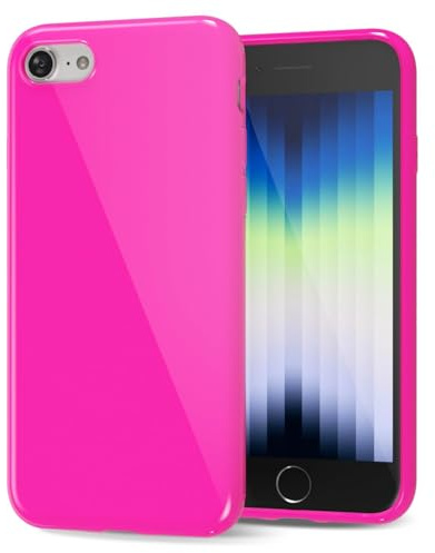 LoeoeL for iPhone SE 2022/7/ 8 Phone Case Liquid Silicone, Cute Girly Thin Ultra Slim Jelly Soft Rubber Gel Protective Glossy Hard Plastic Case, Plain Solid Color Cover for Women Girl, Neon Hot Pink