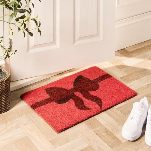 OHS Coir Front Door Mats Outdoor & Indoor Bow Print, Non-Slippery Heavy Duty Stylish Entrance Washable Door Mat Durable Dirt Trapping Doormats, Pink/Red - 40 x 60cm