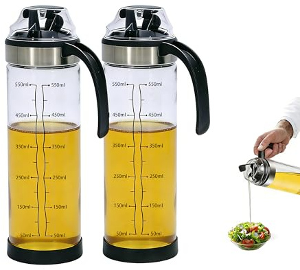 Bouteille Huile et Vinaigre 2 x 550ml, Bouteille Huile Olive Bec Verseur | Distributeur Huile d'Olive avec Couvercle Anti-Poussière, Poignée, Graduations et Tapis Antidérapant pour Cuisine et Table