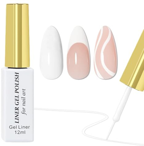 White Liner Gel Nail Polish, French Tip Gel Polish, White Gel Art Paint Built Thin Nail Art Brush in Pen - UV Shellac Colour for Thin French Line Swirl Painting Drawing Soak off Home DIY Manicure
