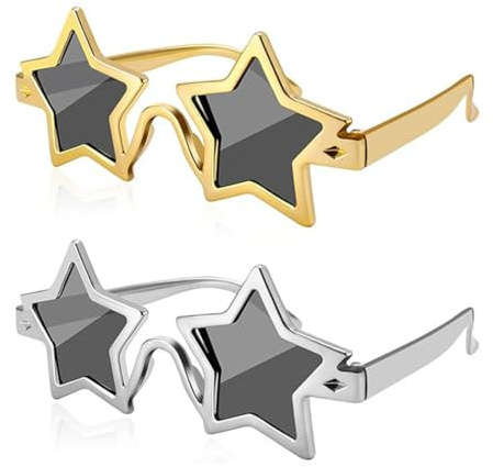 YAZWUR 2 PCS Star-Shaped Glasses Pentagram Costume Novelty Carnival Party Glasses for Adults Photo Booth Props (Gold, Silver)