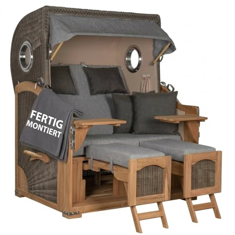 MR. DEKO Strandkorb mit Bullaugen Düne Teak PE Grey | 2-Sitzer Strandkörbe | Volllieger-Strandkorb | Premium Gartenliege Teakholz | Edelstahl Beschläge & Sicherheitsglas | Gartenstuhl | Dessin 570
