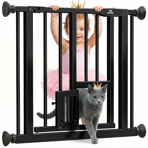 KIDIZ Absperrgitter zum Klemmen mit Katzenklappe, Türschutzgitter, Autoclose Kinder Treppengitter ohne Bohren | 90° Stopp Schutz, schwenkbar, Treppenschutzgitter, Schwarz, Breite: 88-94 cm