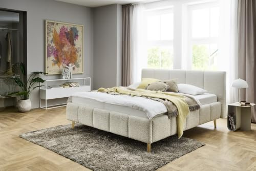 Meise Möbel Stauraumbett Alva 180x200 cm | Bettkasten & Lattenrost | Bouclé-Stoff Cream | Holzfuß eichefarbig