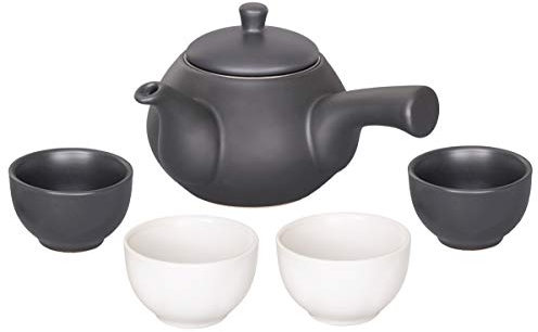China-Trends Japanisches Teeset: Teekanne 500ml mit seitlichem Griff und 4 Teecups 70ml aus Keramik.