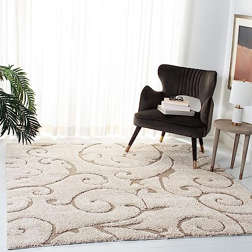 SAFAVIEH Florida Shag Collection Area Rug - 4' Square, Cream & Beige, Scroll Design, Non-Shedding & Easy to Clean, High-Low Plush Pile, Ideal for Living Room, Bedroom, Dining Space (SG455-1113)