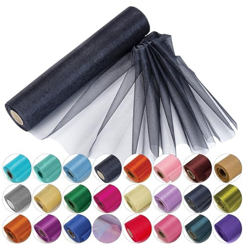 29cm x 25m Roll of Organza Sheer Fabric - Elegant Decorative Cloth for Wedding Chair Bows, Table Runners, Party Favours - Crafting Supplies for Ribbons, Dress Accents,and Bags, Black