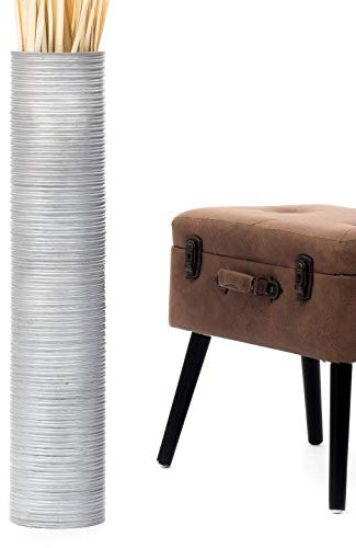 Leewadee Große Deko Bodenvase Für Dekozweige, Hohe Standvase Für Pampasgras, Design Holzvase, 65 cm, Silber