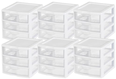 Sterilite Clearview Plastic Multipurpose Small 3 Drawer Desktop Storage Organization Unit for Home, Classrooms, or Office Spaces, White, 6 Pack