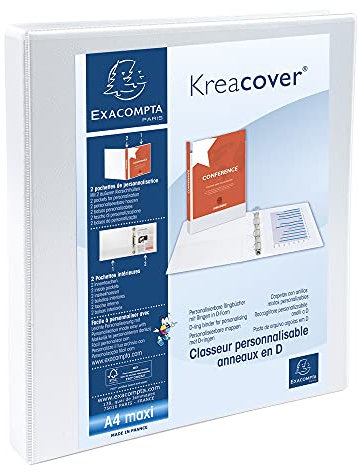 Exacompta - 51940E - 1 Raccoglitore Personalizzabile Kreacover - 4 Anelli a D 16 mm - Copertina Foderata Ppl con Tasca Fronte/Dorso - Dorso 38 mm - F.to Esterno 27.3x32 cm per A4 Maxi - Bianco