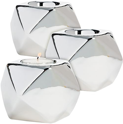 Fun Express Silver Reflective Geo Tealight Holders - Elegant Home Décor Ambient Lighting Stylish Geometric Design - Ideal for Weddings Parties Special Occasions Adds Modern Charm Any Space - 3 Pieces