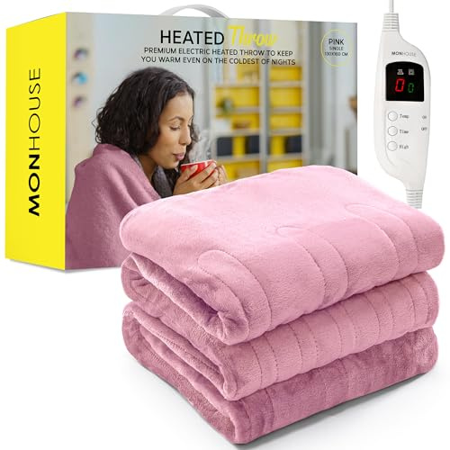 MONHOUSE 130X160 cm Soft Electric Sofa Blanket - Single Heated Throw With Digital Controller - Machine Washable Bed Throw, Timer up to 9 hours, 9 Heat Settings, Auto Shutoff - Pink