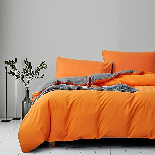 Gnomvaie Bettwäsche 135x200cm Orange Grau Uni Einfarbig Wendebettwäsche Set 2 Teilig Microfaser Modern Bettbezug mit Reißverschluss und Kissenbezug 80x80cm