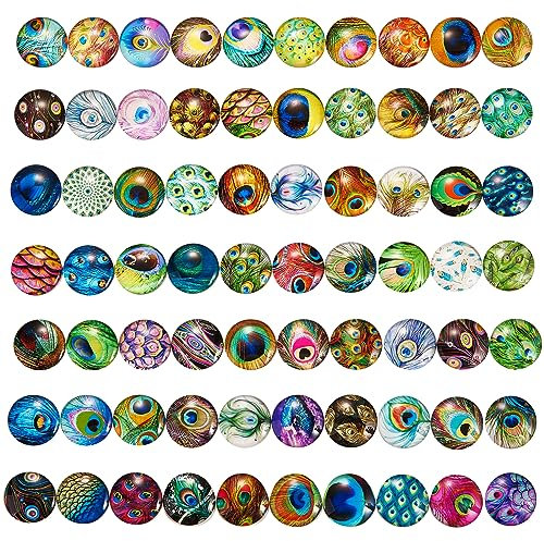 BEEFLYING 70 Stück Pfauenfedern Cabochons aus Glas Mit Flacher Rückseite, Bedruckt, Mosaik, Kuppelsteine, Zur Schmuckherstellung