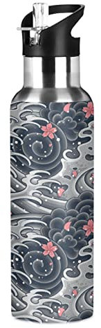 Mnsruu Vague Japonaise Sakura Cerise Isotherme Bouteille d'eau avec Paille, Gourde Sport en Acier Inoxydable 600ML Gourdes sans BPA pour Enfant Garçon Fille École Bureau