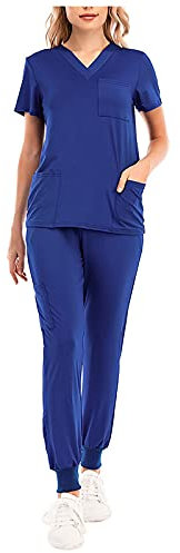 Damen 2-Teiliges Kasacks Set Medizinische Uniform Outfits mit Kasack und Hose Pflege Berufsbekleidung V-Ausschnitt Schlupfkasack+Schlupfhose Pflegeuniform Set Laborkittel Einfarbig Arbeitsuniform