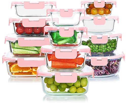 KOMUEE 24-teiliges Glas-Frischhaltedosen-Set, Glas-Mahlzeiten-Vorbereitungsbehälter-Set mit Deckel, luftdichte Glas-Lunch-Behälter, auslaufsicher, BPA-frei, gefrier- und spülmaschinenfest, rosa