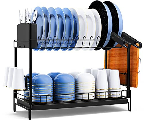 UNIDEAL Escurreplatos, 2 Niveles Estante de Secado de Platos con Bandejas de Goteo, Soporte de Cubiertos, Soporte para Tabla de Cortar, Escurre Platos Armarios con Función de Drenaje Automático