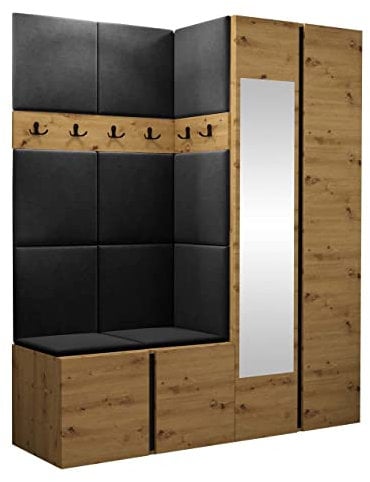 Mirjan24 Garderoben-Set Monati XII, Kleiderschrank mit Spiegel, Schuhschrank, 2X Kleiderhakenbrett, Gepolstertes Paneel/Wandpaneel, 6 Doppelhaken, Flurgarderobe (Eiche Artisan/Schwarz, Manila 18)