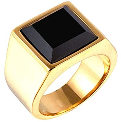 Homxi Herren Ring Punk,Ring Quadrat mit Schwarz Stein Edelstahl Ring für Herren Gold Ringe Herren Größe 62 (19.7)