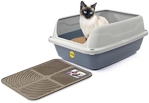 CAT CENTRE Big Grey Open Cat Litter Tray + Grey Tray Mat High Sided Rim Extra Deep Anti-Spillage XL Toilet Box Pan Loo High-Spraying Adult Cats Lowered Entry Step Detachable Rim Rounded Corners