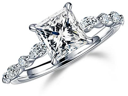 MOOSEA Bague de fiançailles en moissanite taille princesse pour femme, 1,5 ct couleur D couleur VVS1, bague en diamant créé en laboratoire en or blanc 14 carats, vermeil marquise et moissanite ronde