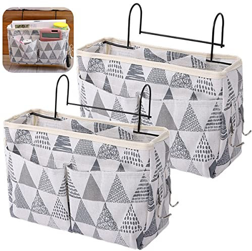 Forreen Bedside Hanging Storage Bag, 2 Pcs Bedside Hanging Storage Organiser Large Capacity Canvas Bedside Storage Pocket for Magazines, Remote Controls, Books
