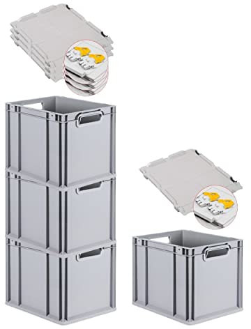 PROREGAL SuperSparSet 4x Eurobox NextGen Grip mit Scharnierdeckel und gelben Schiebeschnappverschlüssen, HxBxT 32x30x40cm, 30 L, Grau, Griffe offen, Eurobehälter, Transportbox