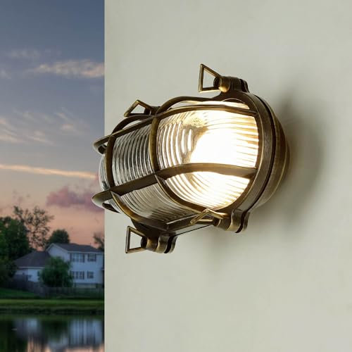 Licht-Erlebnisse Wandleuchte Außen Messing Glas Dunkel Antik IP64 Balkon Hof H:13 cm E27 Maritim geriffelt Rustikale Outdoor Wandlampe SKIATHOS