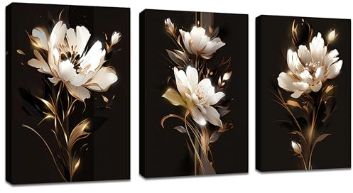 3 Pcs Leinwandbilder Bilder mit Rahmen Schwarz Gold Pfingstrose Blumen bild auf leinwand Wandkunst Wandbilder Kunstdruck Deko für Wohnzimmer Schlafzimmer fertig zum Aufhängen 120x60cm(40x60x3)