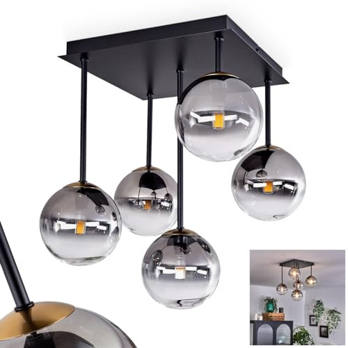 HOFSTEIN Deckenleuchte Chehalis, Deckenlampe aus Metall/Glas in Schwarz/Goldfarben/Rauchfarben/Klar, Leuchte im Retro/Vintage-Design mit Schirmen aus Glas (Ø 12 cm), 5 x G9 LED