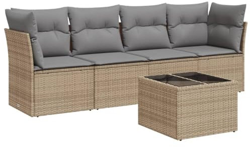 vidaXL Garten Sofa Garnitur 5-TLG., Gartenmöbel Set mit Kissen, Sitzgruppe für Garten Terrasse, Modular Gartensofa Lounge, Tisch mit Glasplatte, Beige Poly Rattan