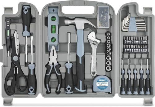 Hi-Spec Juego de Herramientas para el Hogar de 54 Piezas. Kit de Herramientas Gris Generales para Reparaciones en Casa con Estuche de Transporte. Incluye Mosquetón y Abrebotellas Mini