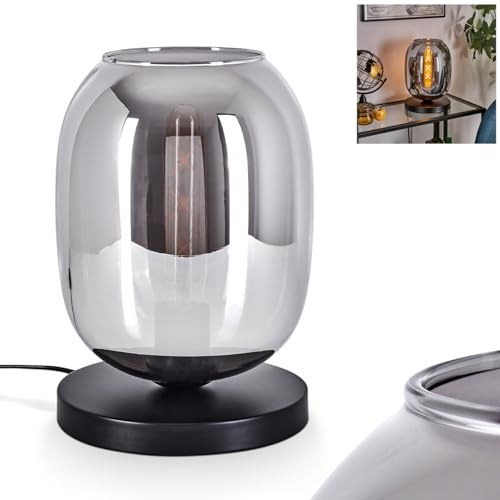 Tischleuchte Apedo, Tischlampe aus Metall/Glas in Schwarz/Rauchfarben, Leuchte im modernen Retro/Vintage-Design mit Schirm aus Glas (Ø 20 cm) u. An/-Auschalter am Kabel, 1 x E27, ohne Leuchtmittel