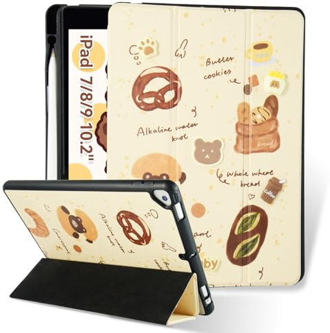 ACEMO Hülle für iPad 7./8./9 Generation Hülle 10,2 Zoll mit Stifthalter, Trifold Ständer Dünne Tablet Schutzhülle, Auto Schlafen/Wachen, iPad 10,2 Zoll Hülle Cartoon Case, Braun