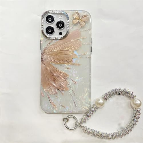 Bakicey Hülle für iPhone 15 Pro Max,Blumen Schmetterlinge Durchsichtig Design Glitzer Kristall Handyhülle mit Süßes Perlenkette Mädchen Kratzfest Stoßfest Case Cover für iPhone 15 Pro Max,Roségold