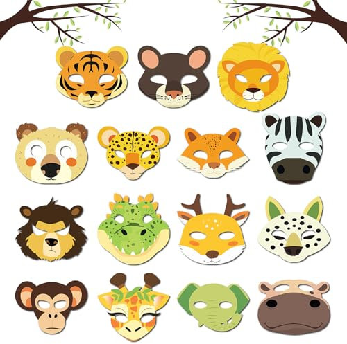 Sunshine smile Tiermasken,15 Stück Tiermasken Kinder Papier,Tiermaske Kinder,Tiermasken für Kinder,Masken für Kinder Tiermasken,Maske Tiere Kinder,tier maske leopard kinder,gepard maske kinder