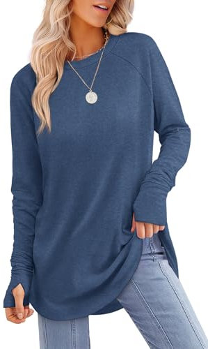 Aokosor Sweater Womens Ladies Jumpers Size 22-24 Tunic Tops for Leggings Plus Size Long Sleeve Tops Navy Blue Sweatshirts Thumbholes