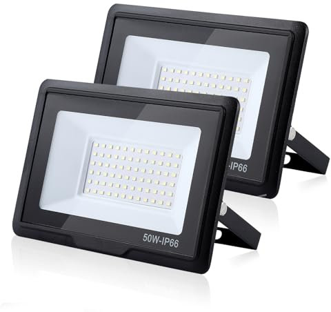 treoir 50w Flutlichtstrahler: 6000K Kaltweiß Superhell 5000LM IP66 Wasserdichter led strahler für Hinterhof/Stadion/Werkstatt Außenbeleuchtung (2pcs, 50W)