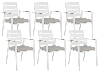 Beliani Gartenstuhl 6er Set Aluminium weiß mit Sitzkissen grau Armlehnen modern Taviano