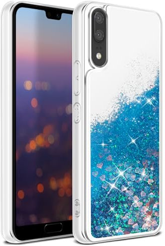 Qiinogow Cover Compatibile con Huawei P20,Paillette Silicone con Glitterate Custodia Protettiva,Trasparente Brillantini Sabbie Antiurto,Bumper Donna Protettivo (Blu)